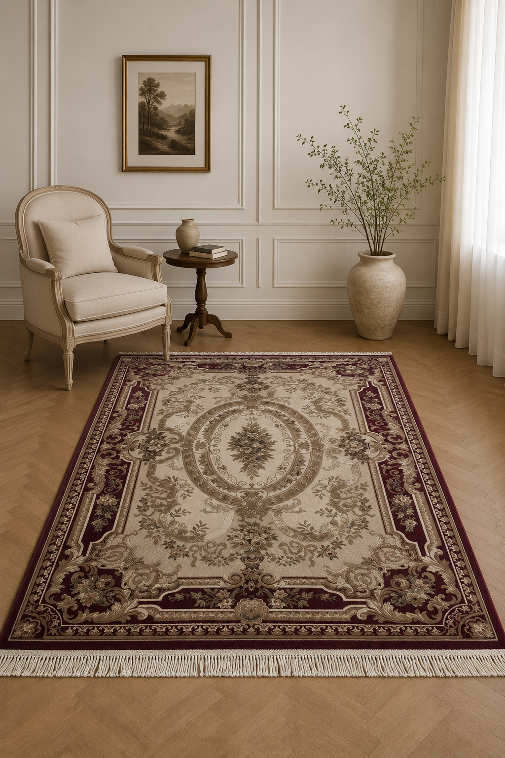 Shehrazad Royal Beige & Burgundy Classic Medallion Carpet – Belgian Crafted Luxury Living Room Rug