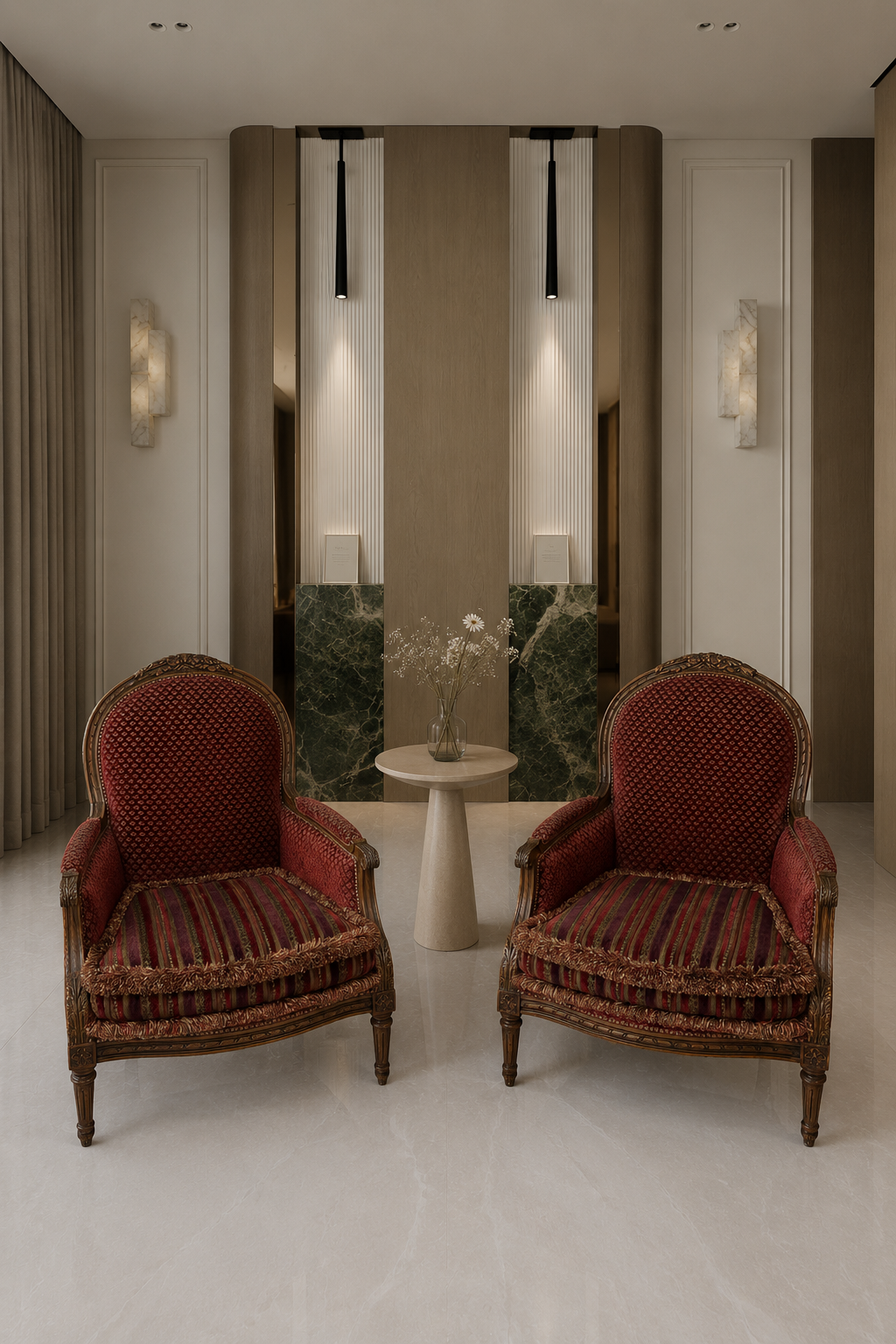 French Château Bordeaux Heritage Armchair Duo – Ornately Carved Classic Louis XV–Inspired Accent Chairs with Burgundy Damask Upholstery & Striped Cushions