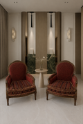 French Château Bordeaux Heritage Armchair Duo – Ornately Carved Classic Louis XV–Inspired Accent Chairs with Burgundy Damask Upholstery & Striped Cushions