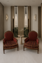 French Château Bordeaux Heritage Armchair Duo – Ornately Carved Classic Louis XV–Inspired Accent Chairs with Burgundy Damask Upholstery & Striped Cushions