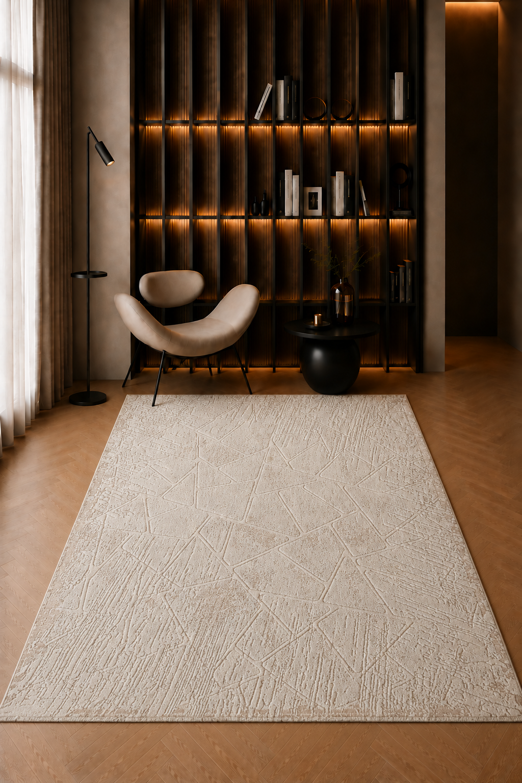 A large rectangular area rug in a warm off-white or cream tone with a subtle textured geometric pattern, shown in a modern, stylishly decorated living room with a wooden slat accent wall, chair, and floor lamp.