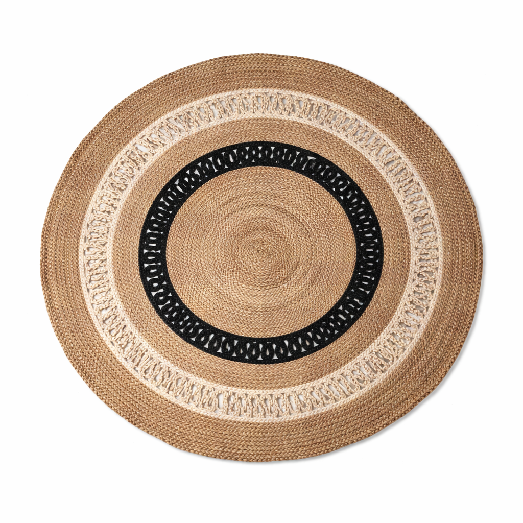 Jute 18223 Natural Black Round Carpet – Handmade Jute Area Rug with Bold Black Accents for Living Room & Entryway