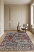 Heritage Ruby Medallion Carpet – Spill-Proof & Machine Washable Vintage Oriental Rug in Red & Blue