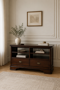 Heritage Nocturne Classic Solid Wood TV Media Console – Elegant Dark Walnut Entertainment Unit with Open Display Shelves, Twin Storage Drawers & Brass-Finish Handles