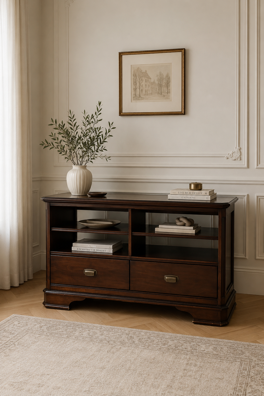 Heritage Nocturne Classic Solid Wood TV Media Console – Elegant Dark Walnut Entertainment Unit with Open Display Shelves, Twin Storage Drawers & Brass-Finish Handles