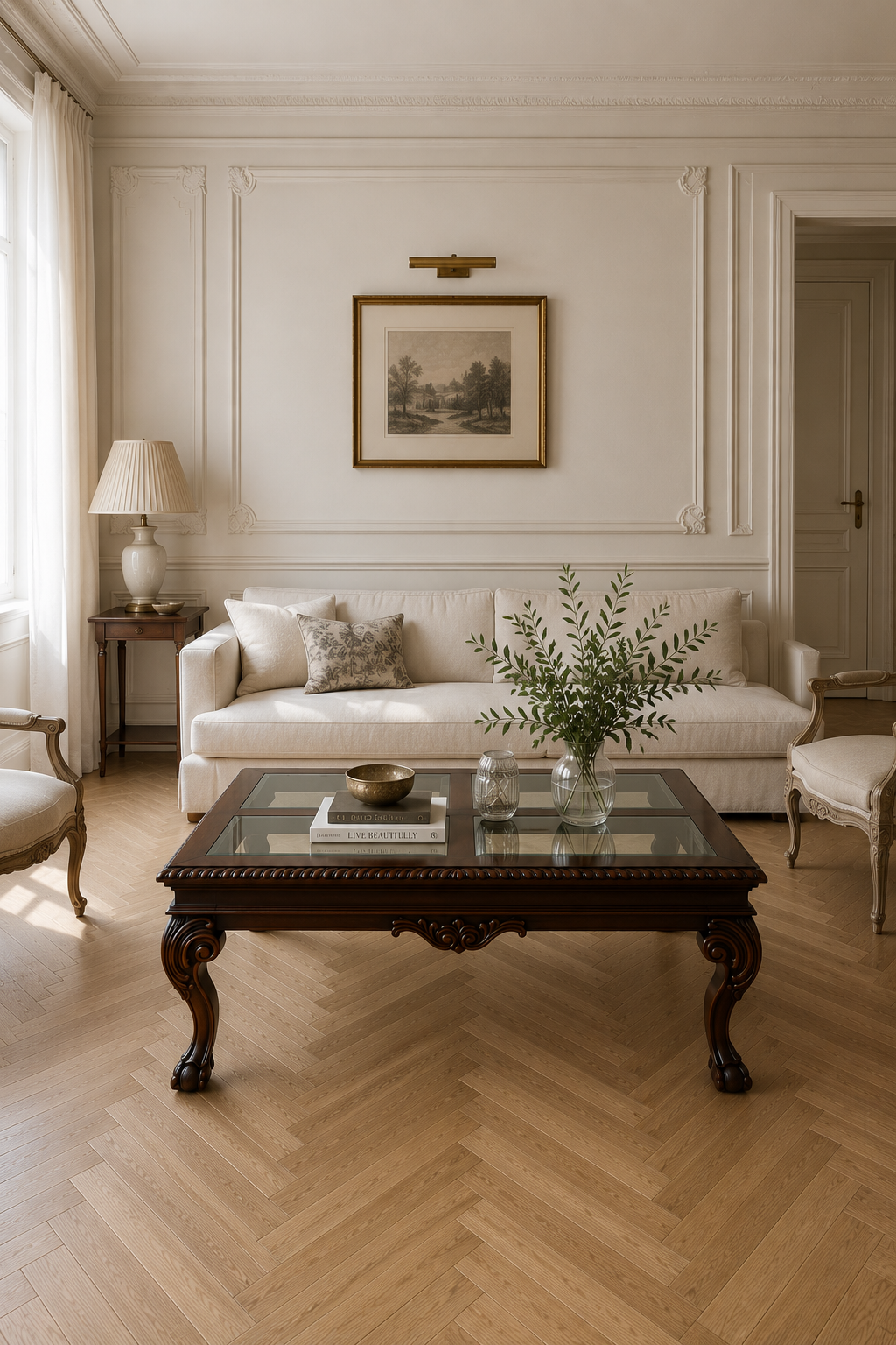 Versailles Heritage Four-Panel Glass Coffee Table – Classic Carved Dark Wood Center Table with Sculpted Cabriole Legs & Elegant Decorative Detailing