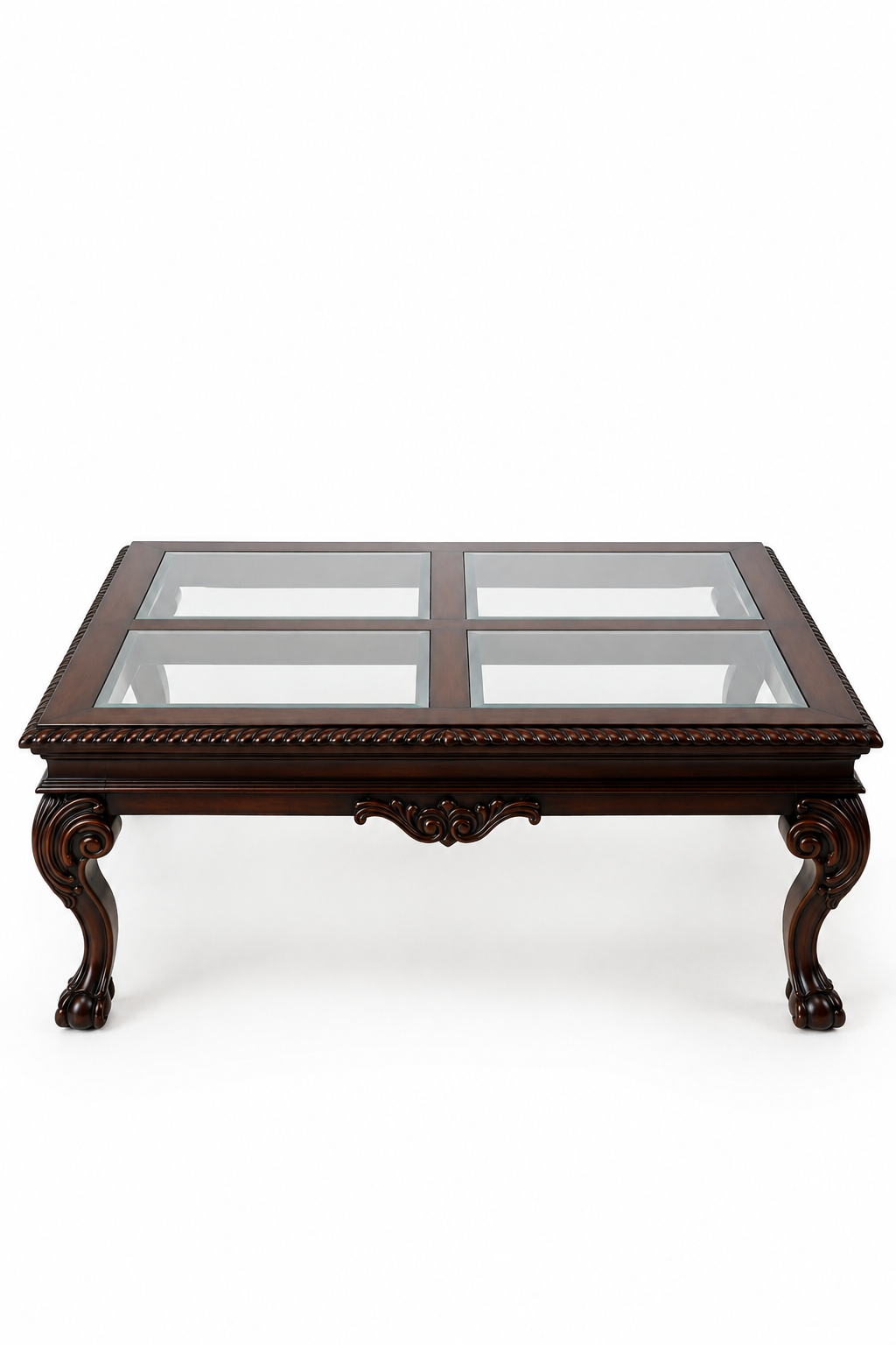 Versailles Heritage Four-Panel Glass Coffee Table – Classic Carved Dark Wood Center Table with Sculpted Cabriole Legs & Elegant Decorative Detailing