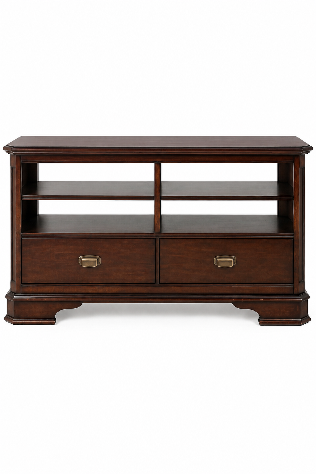 Heritage Nocturne Classic Solid Wood TV Media Console – Elegant Dark Walnut Entertainment Unit with Open Display Shelves, Twin Storage Drawers & Brass-Finish Handles
