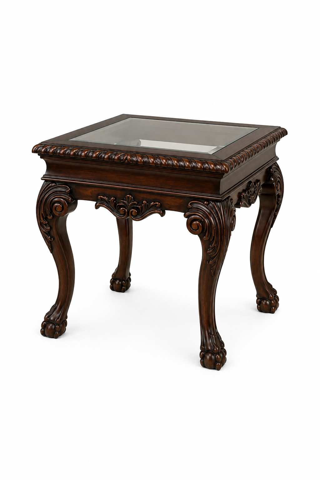 Versailles Élan Classic Carved Wood Side Table – Elegant Dark Walnut Accent Table with Glass Inset Top, Sculpted Cabriole Legs & Ornamental French-Inspired Detailing