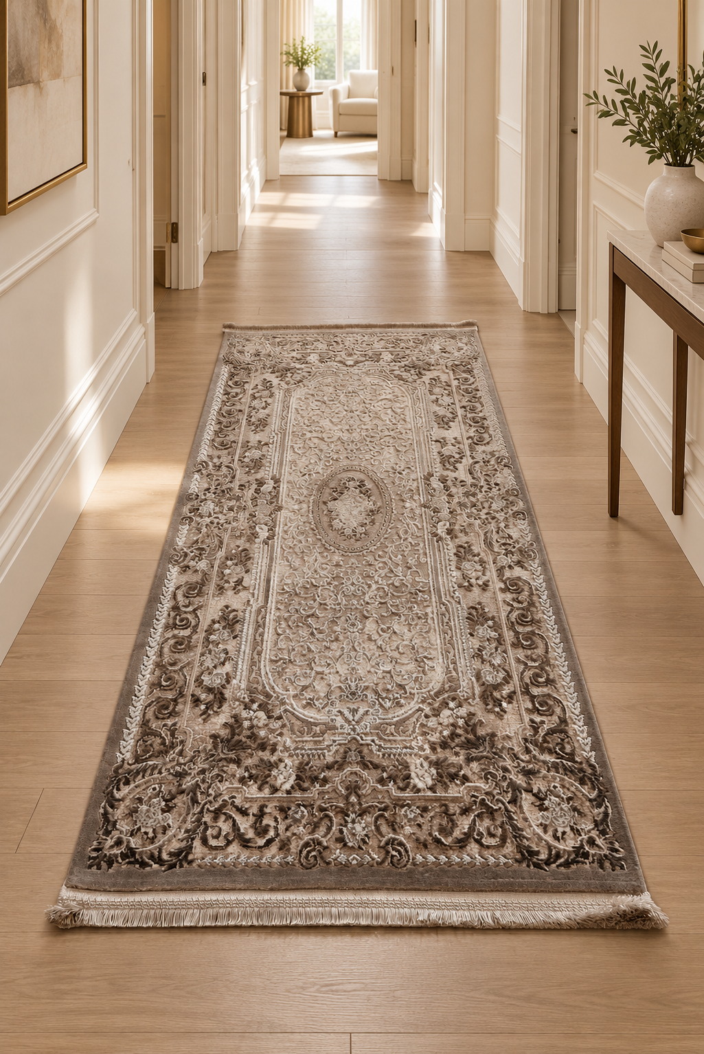 Versailles Medallion Beige & Taupe Classic Runner Carpet – Elegant 100×200 Hallway, Corridor & Entrance Rug