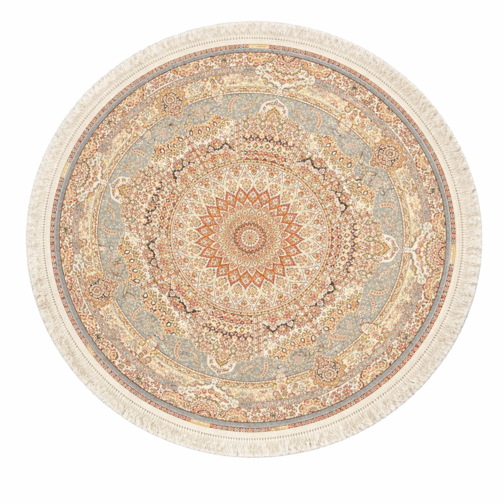 Tabriz Jawhar Round Light Blue Carpet – Vintage Persian Floral Medallion Design