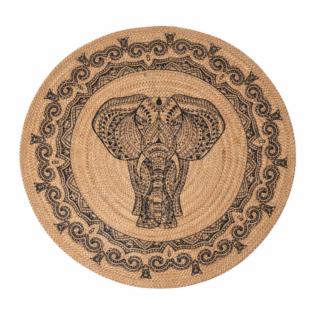 Jute 17986 Natural Black Round Carpet – Handmade Braided Jute Rug with Tribal Elephant Design for Living Room & Entryway