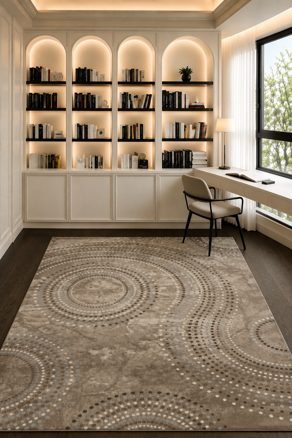 Shakespeare Celestial Orbit Abstract Area Rug – Luxury Modern Carpet in Taupe, Beige, Ivory & Soft Sky Blue