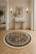 A round traditional-style area rug with a cream fringe, displayed on a light wood herringbone floor in a bright, elegant room. The rug features a complex geometric and floral pattern in shades of blue, beige, brown, and gold.