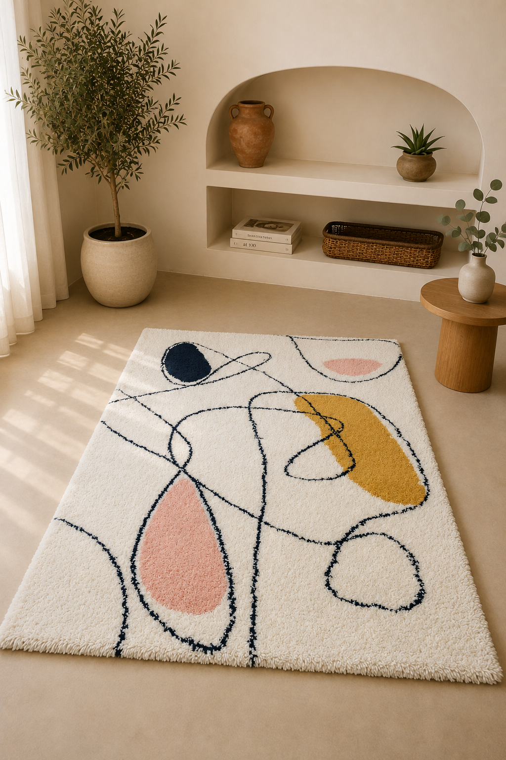 Panama “Art Lines” Modern Carpet – Minimalist Abstract in Soft Pastel & Bold Navy