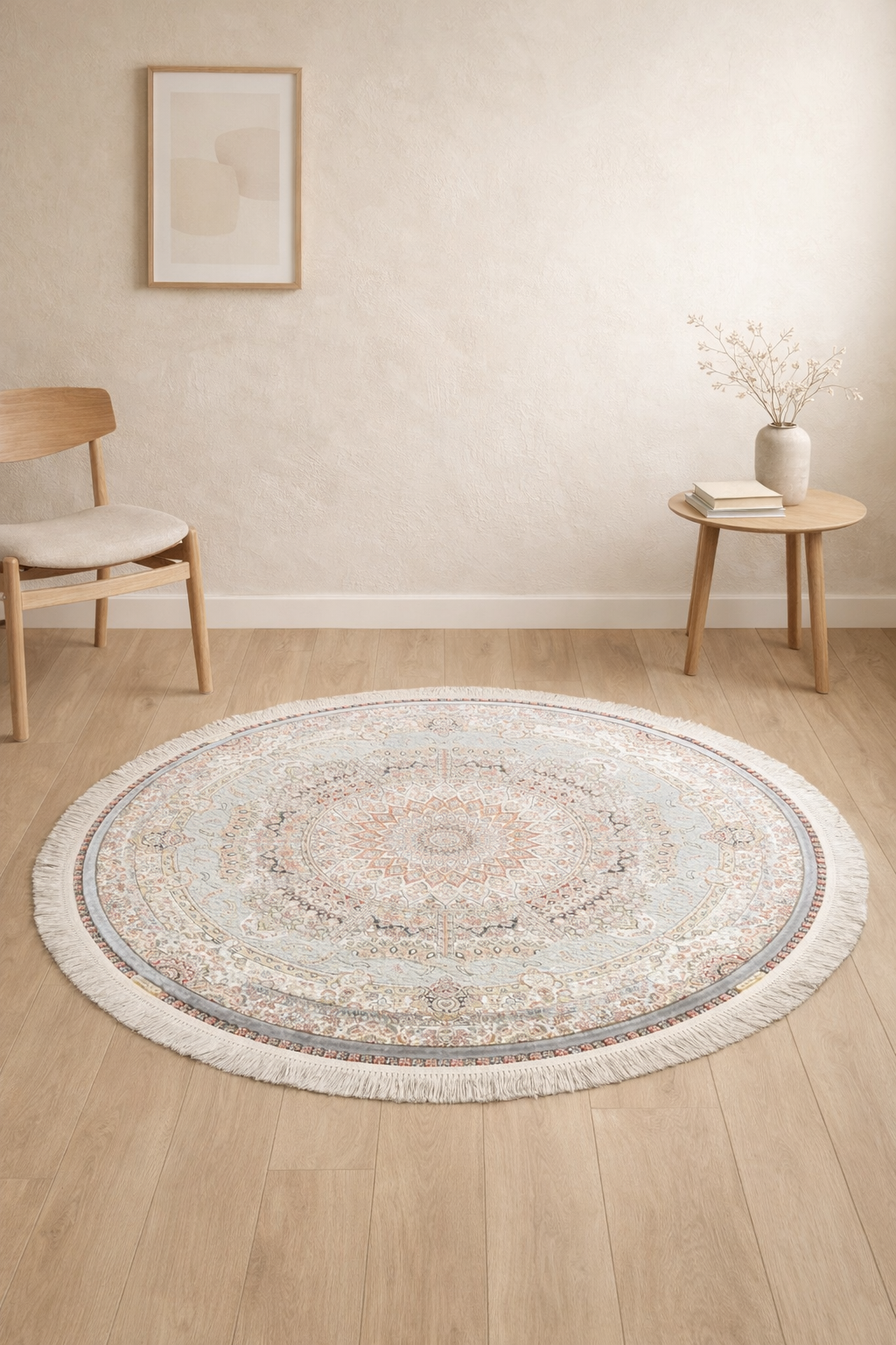 Tabriz Jawhar Round Light Blue Carpet – Vintage Persian Floral Medallion Design