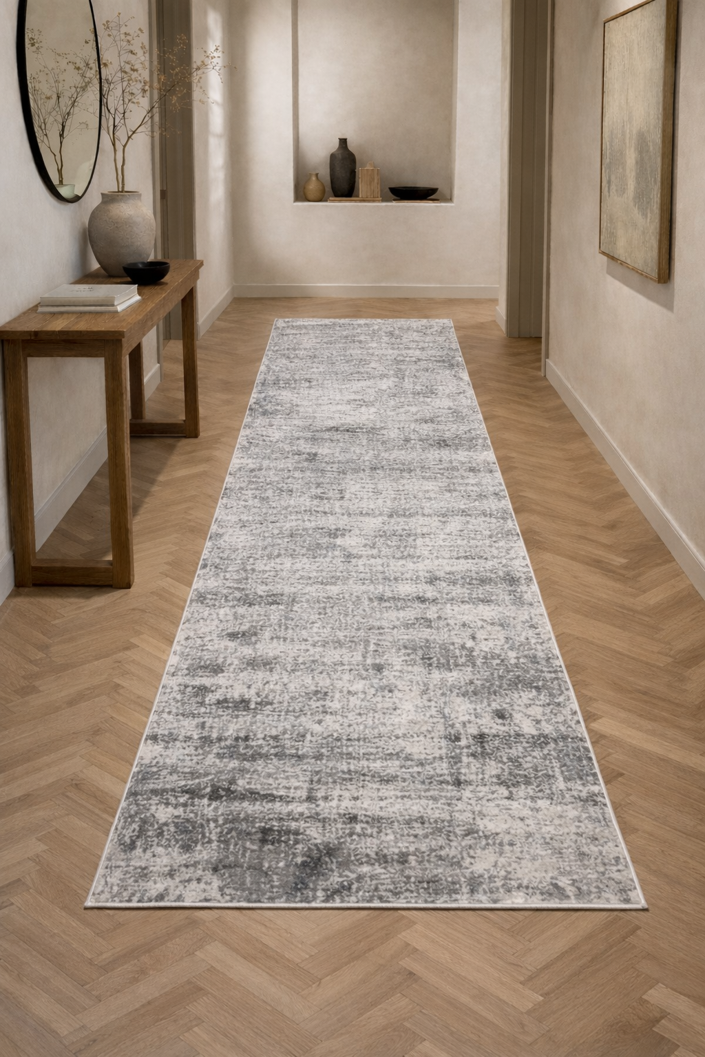 Efes 93 Grey & White Contemporary Runner Rug – Soft Neutral Hallway Carpet