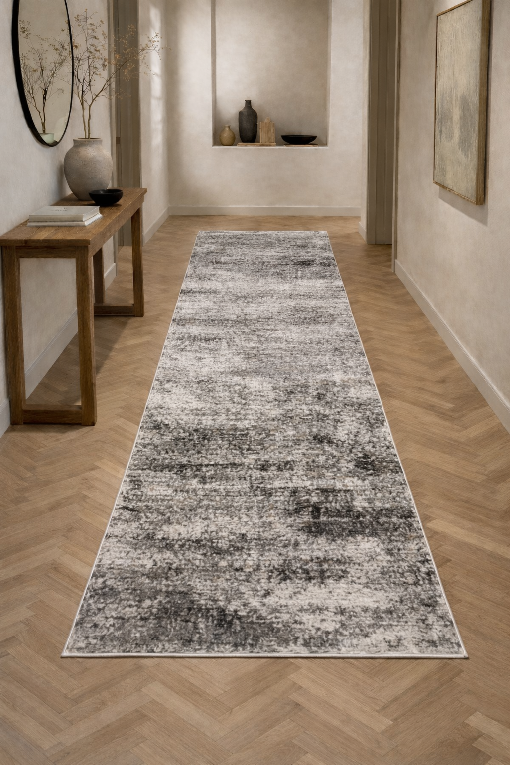 Efes 82 Grey Distressed Abstract Runner Rug – Contemporary Hallway Carpet