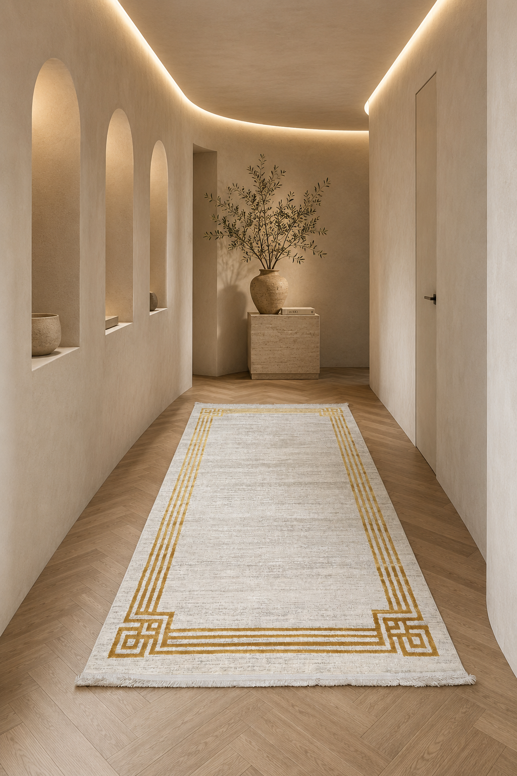 Leon “Golden Frame” Modern Corridor Runner Rug – Cream & Gold Contemporary Hallway Carpet