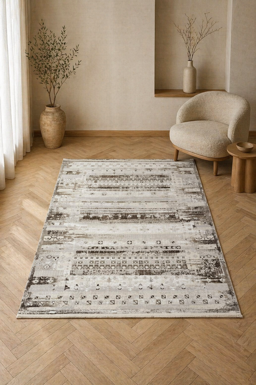 NOVA 27 White Cream Vintage Tribal Pattern Area Rug for Living Room & Bedroom