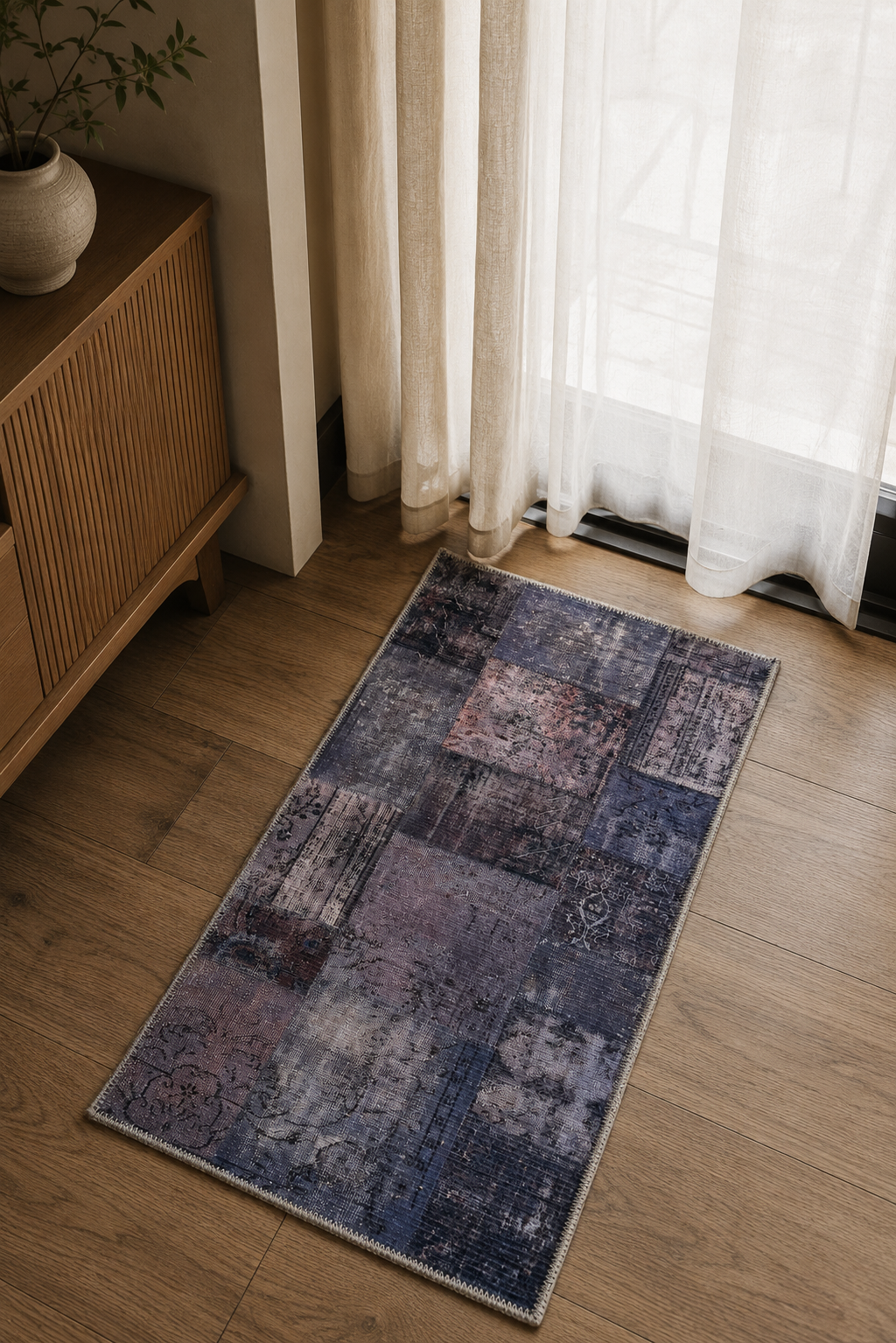 Vintage Patchwork Spill-Proof Rug – Lavender Stone