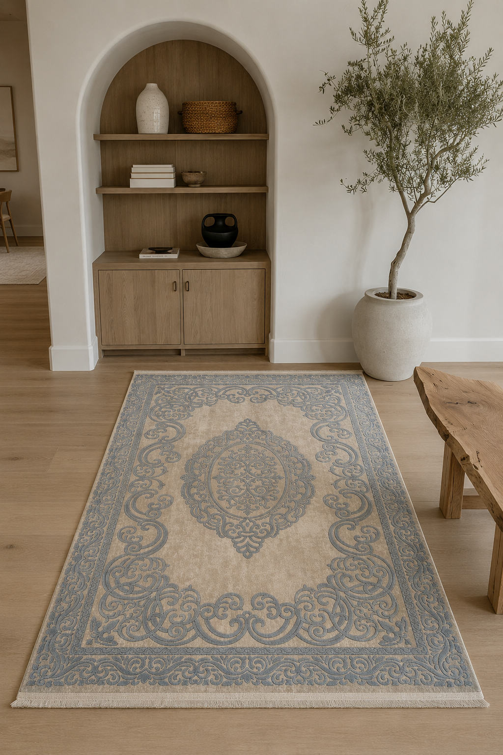 Florance Imperial Azure Medallion Area Rug – Luxury Traditional Carpet in Ivory, Powder Blue & Silver Grey