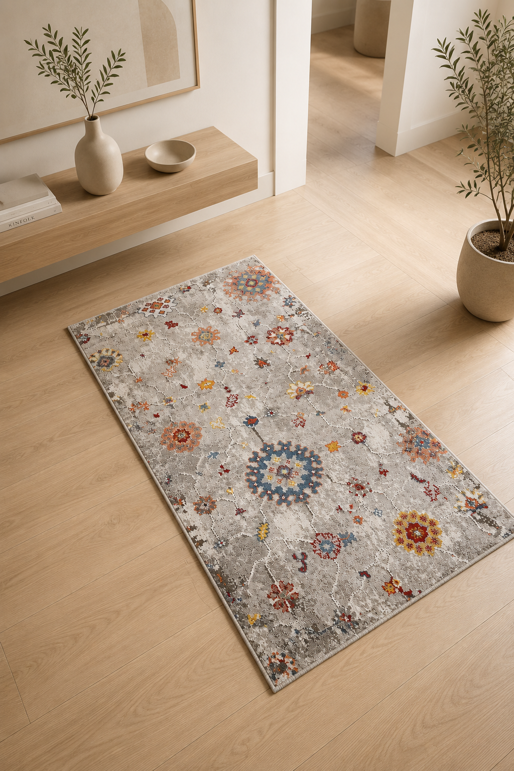 Tricolor “Nomad Bloom” Carpet – Multicolor Vintage Medallion Rug for Living Room & Bedroom