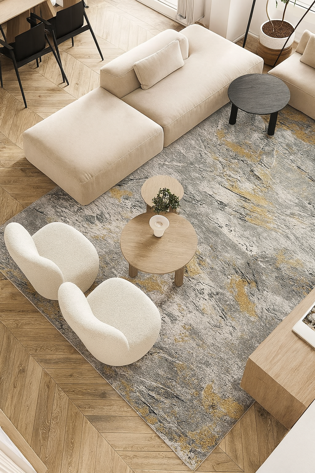 Leon “Golden Veil” Thin Art Silk Carpet – Modern Abstract Elegance