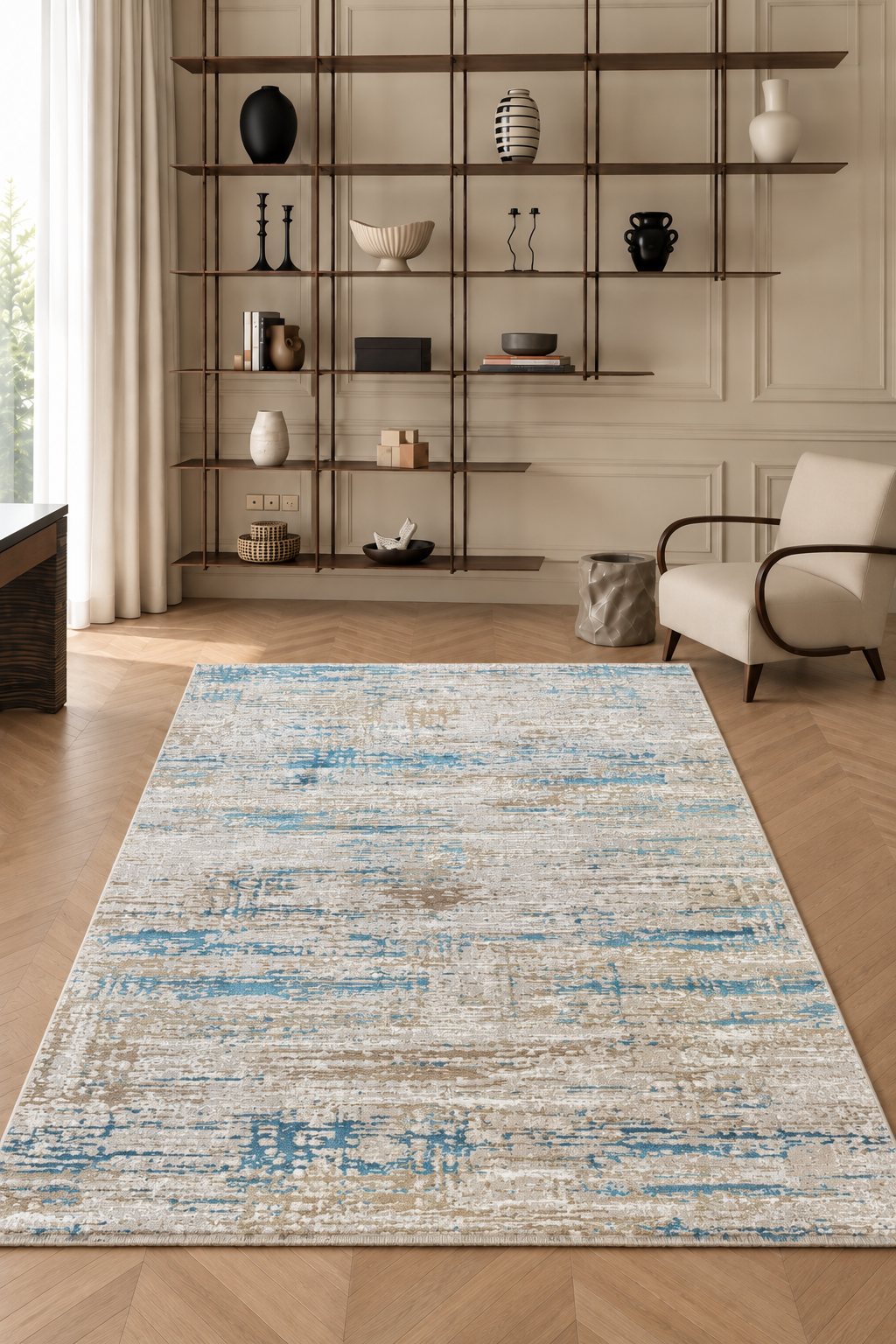 Odessa “Azure Drift” Modern Abstract Rug – Blue & Beige Contemporary Area Carpet
