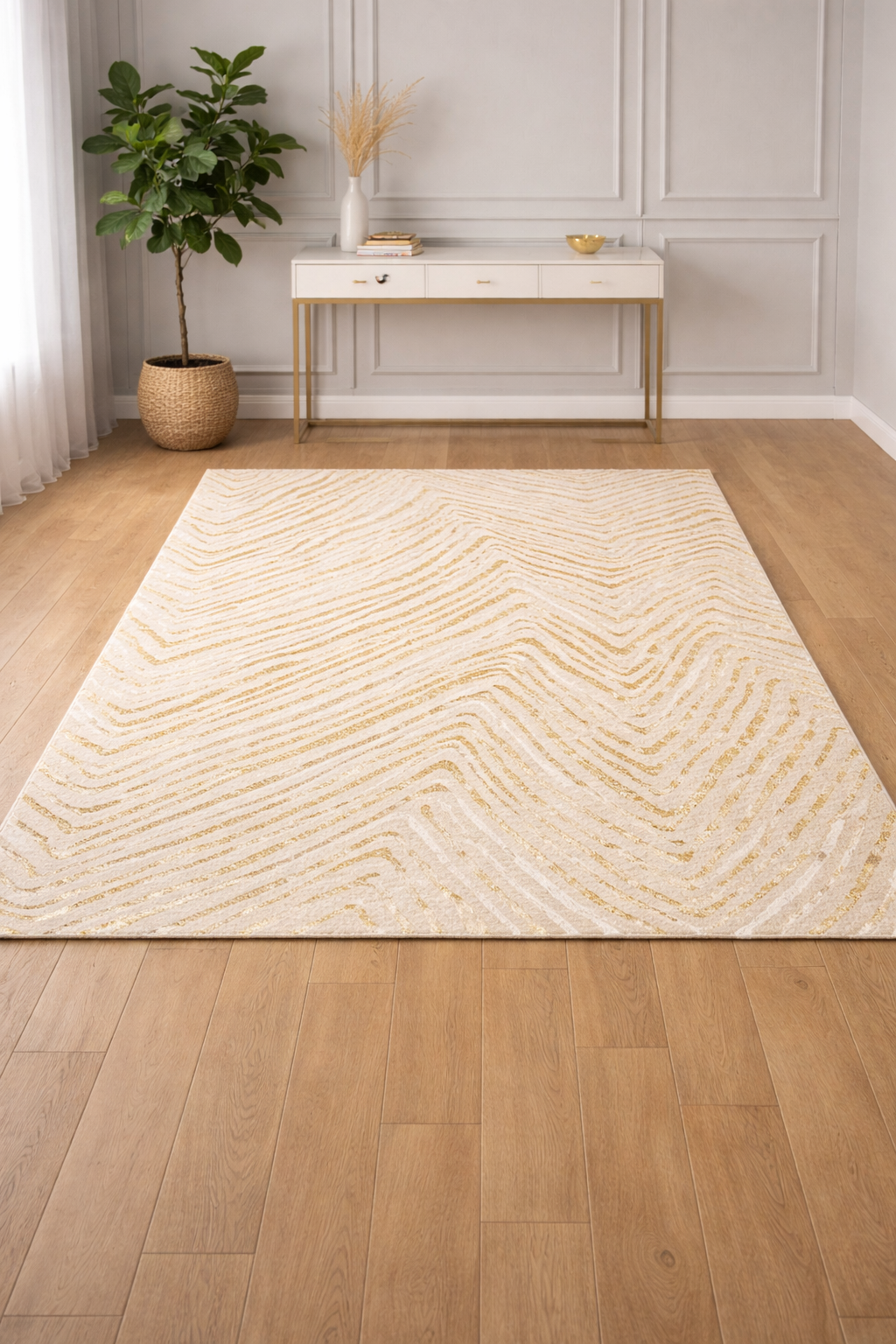 Harir Zumrut 92 “Golden Dune” Modern Luxury Rug – Cream & Gold Abstract Area Carpet