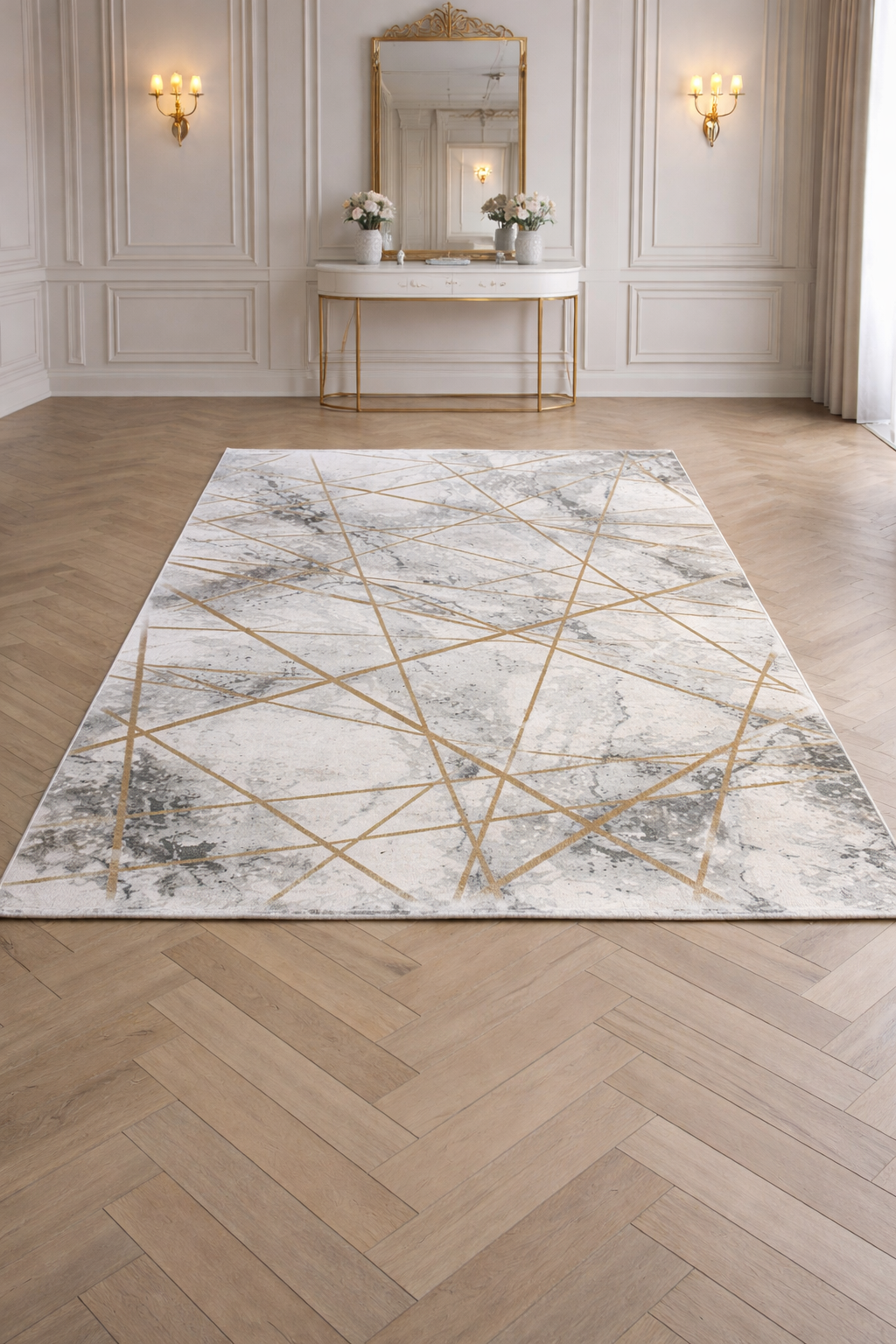 Urbino 607 “Golden Lines” Modern Marble Rug – Grey & Gold Abstract Geometric Area Carpet
