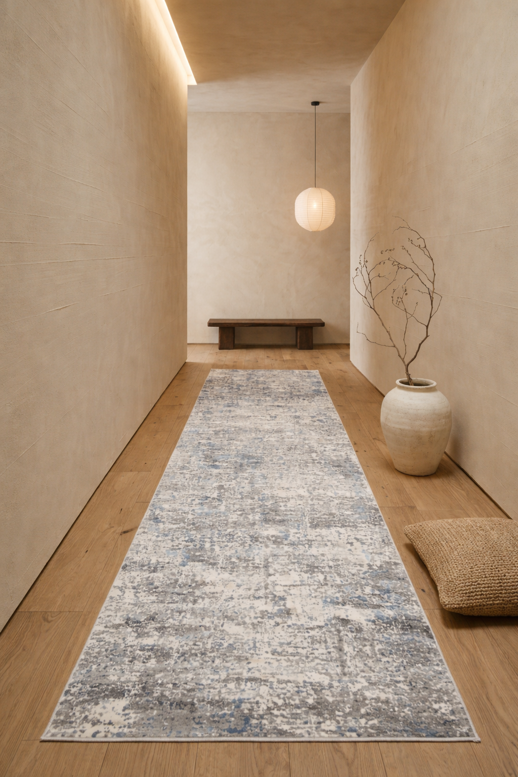 Efes 93 White / Gold Contemporary Runner Rug – Soft Neutral Hallway Carpet