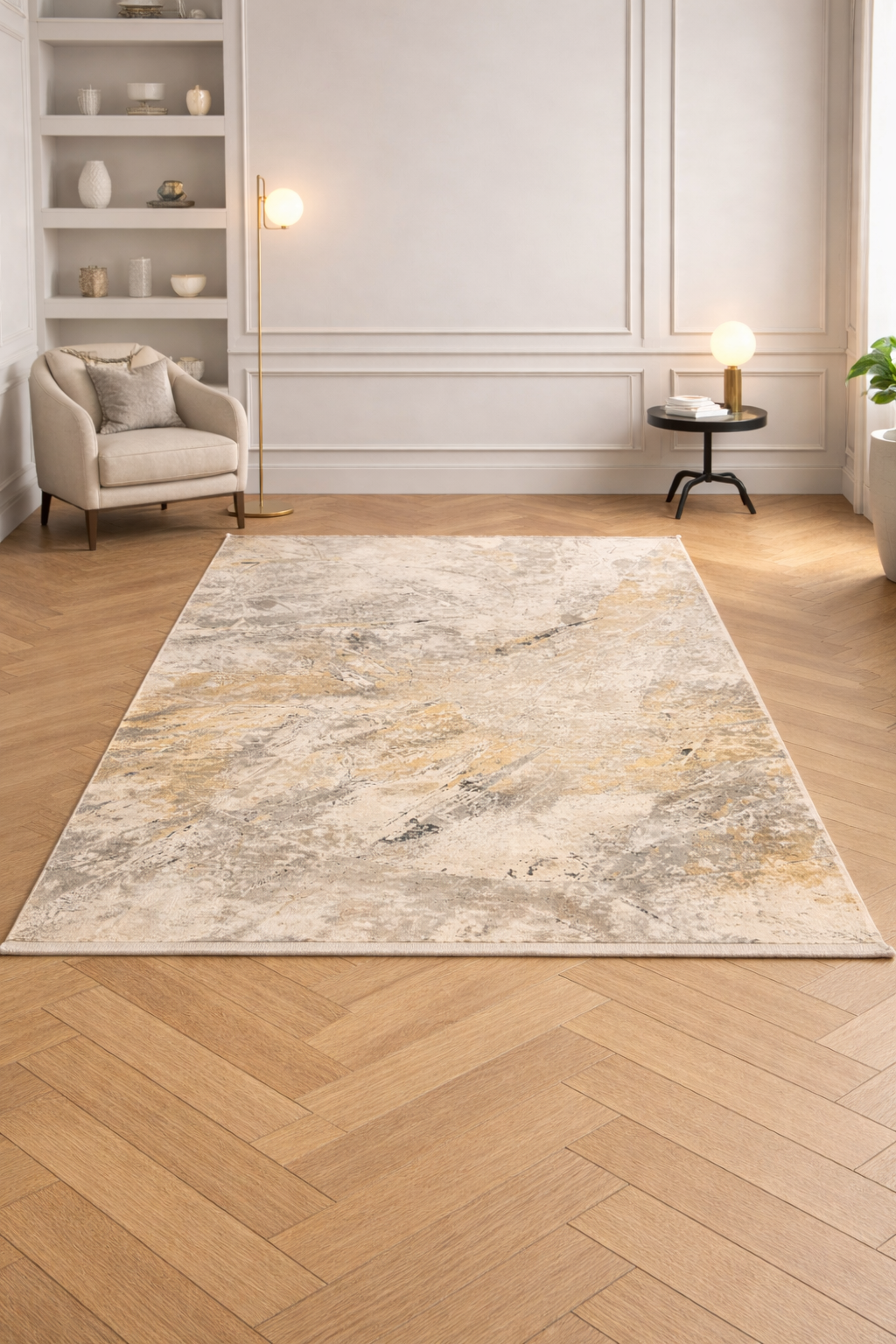 Leon “Golden Veil” Thin Art Silk Carpet – Modern Abstract Elegance
