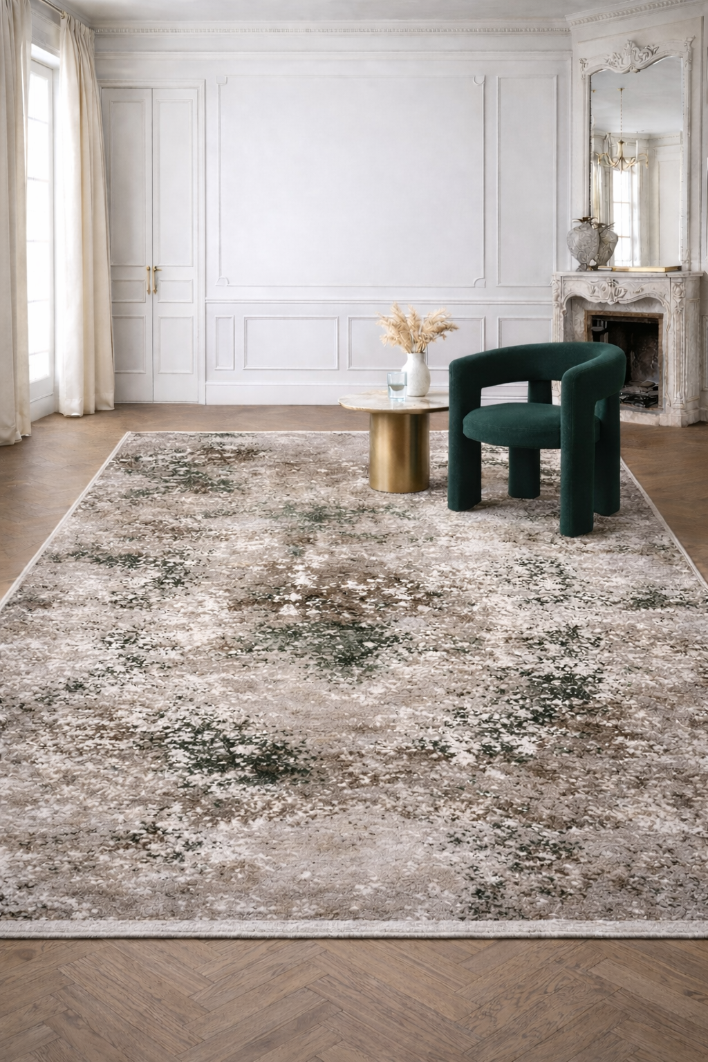 Marble “Forest Whisper” Abstract Carpet – Elegant Beige & Dark Green Blend