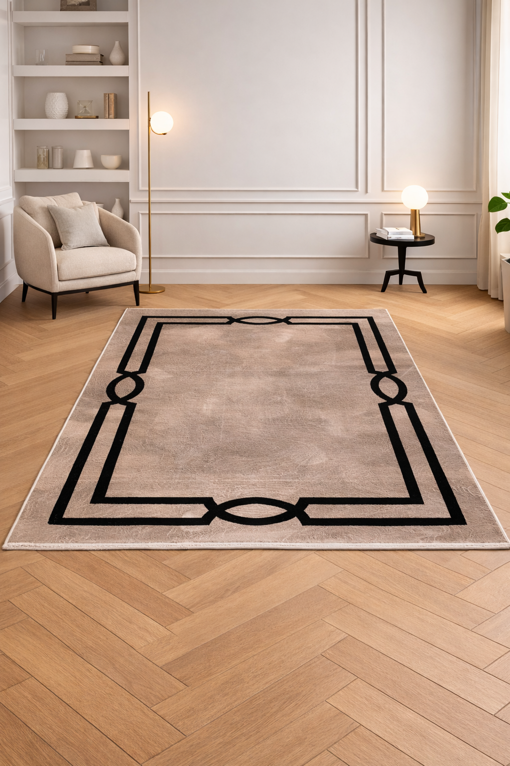 LuxRugs “Midnight Frame” Modern Carpet – Beige & Black Geometric Border Rug