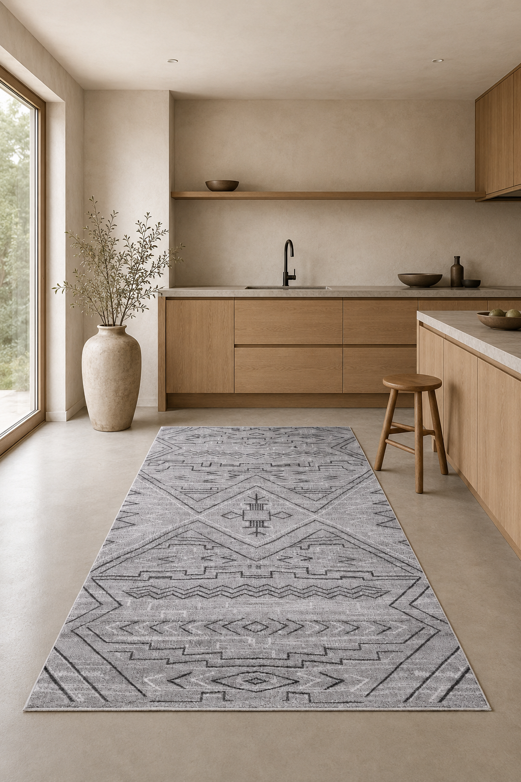 Lycra “Grey Mirage” Modern Carpet – Minimal Tribal Pattern in Silver & Charcoal