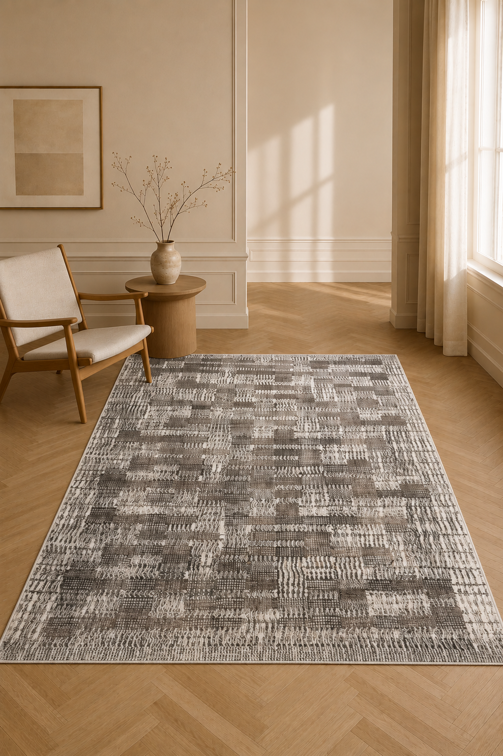 Mosaic Haven Spill-Proof Carpet – Modern Textured Washable Rug in Beige & Taupe