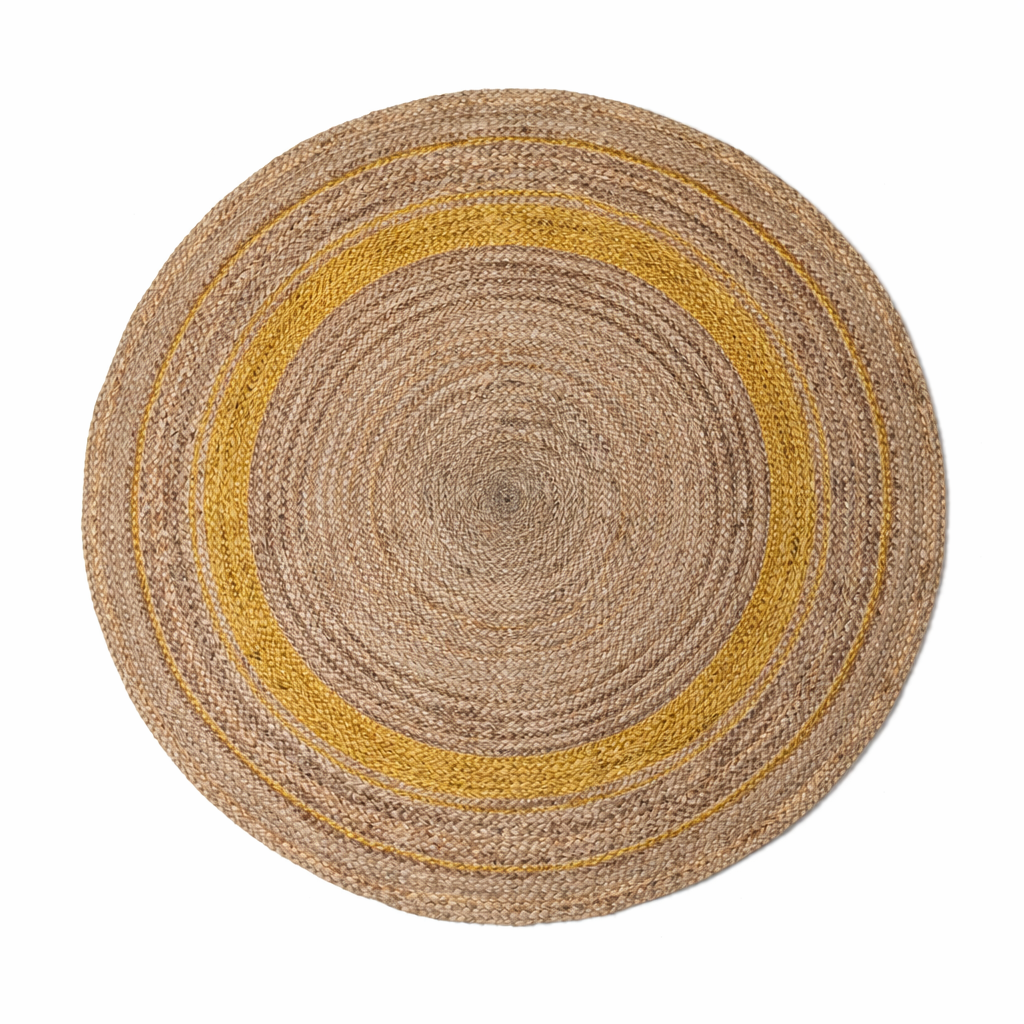 Jute 18416 Natural Yellow Round Carpet – Handmade Jute Area Rug with Warm Mustard Accents for Living Room & Entryway