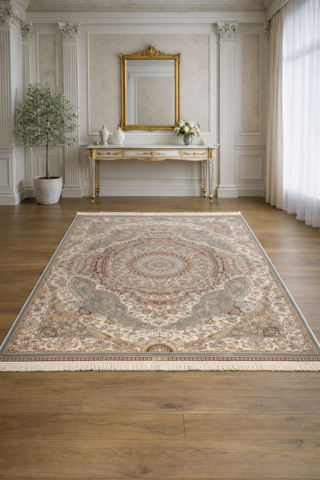 Tabriz Jawhar Ivory Palace Rug – Luxury Persian Medallion Carpet in Ivory & Blue