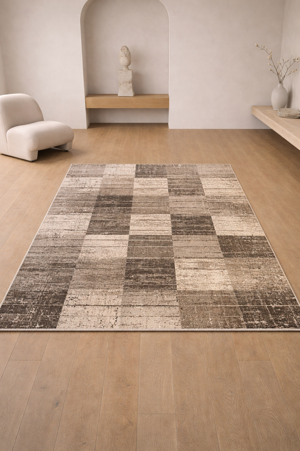 Tricolor Brown Modern Geometric Carpet – Contemporary Patchwork Rug for Living Room