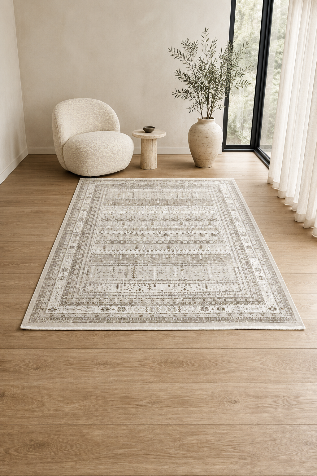 Silk “Heritage Weave” Vintage Carpet – Beige & Gold Tribal Pattern Rug