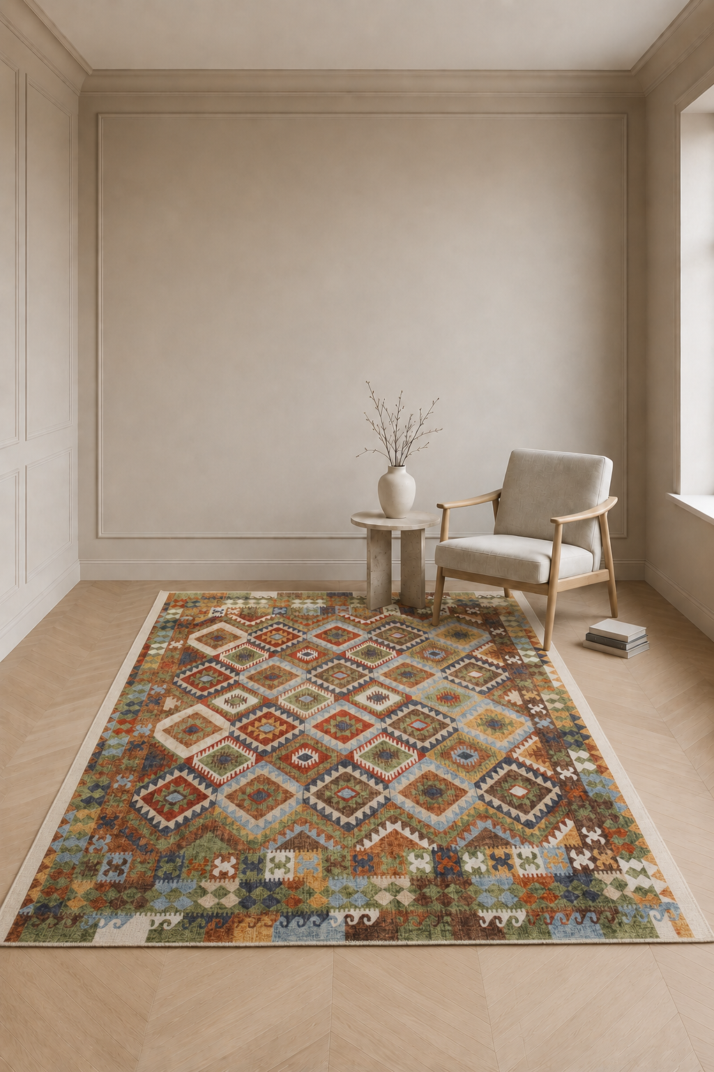 Nomad Mosaic Heritage Diamond Spill-Proof Carpet – Multicolor Vintage Tribal Geometric Washable Rug for Modern & Classic Interiors