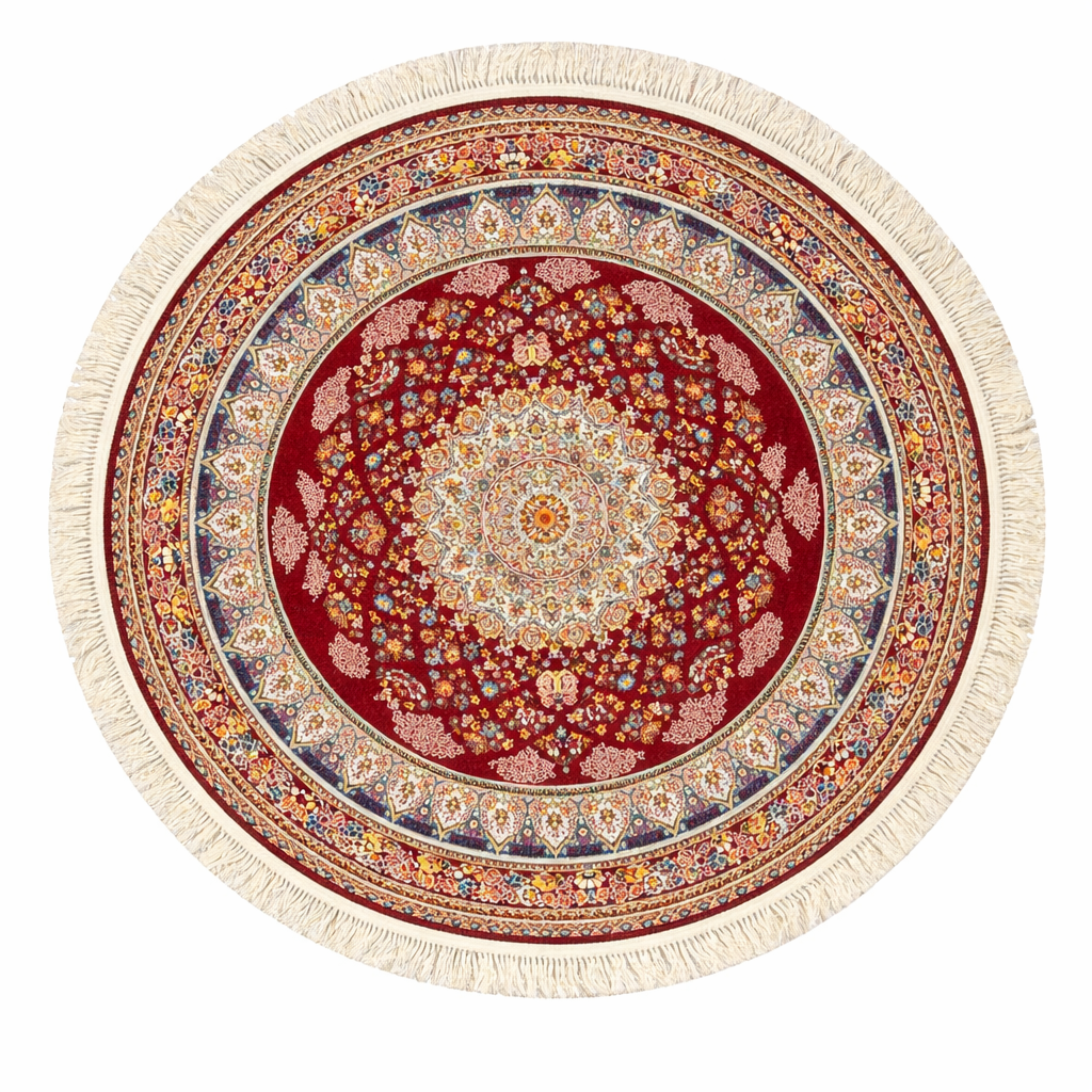Isfahan Grand Palace Round Carpet – Red Medallion Masterpiece