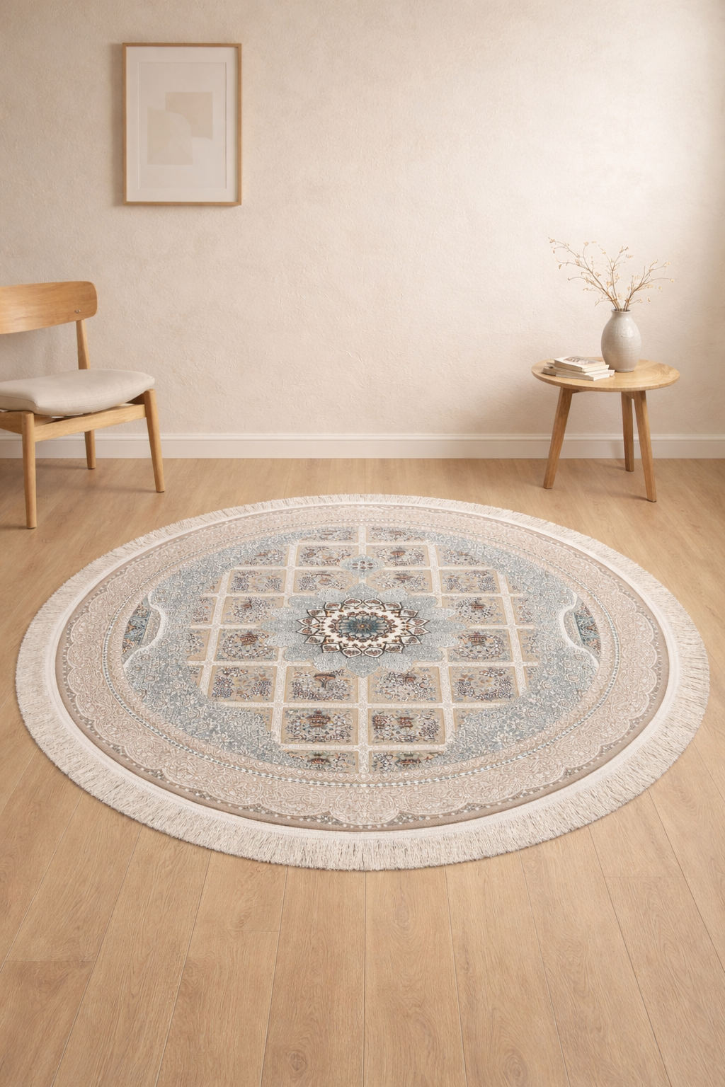 Isfahan Round Persian Carpet – Light Blue & Beige Medallion Design