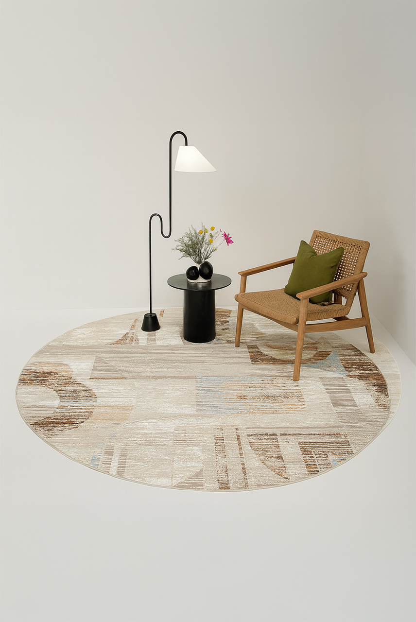 Efes 15 Beige Geometric Round Carpet – Stylish & Practical for Modern Interiors