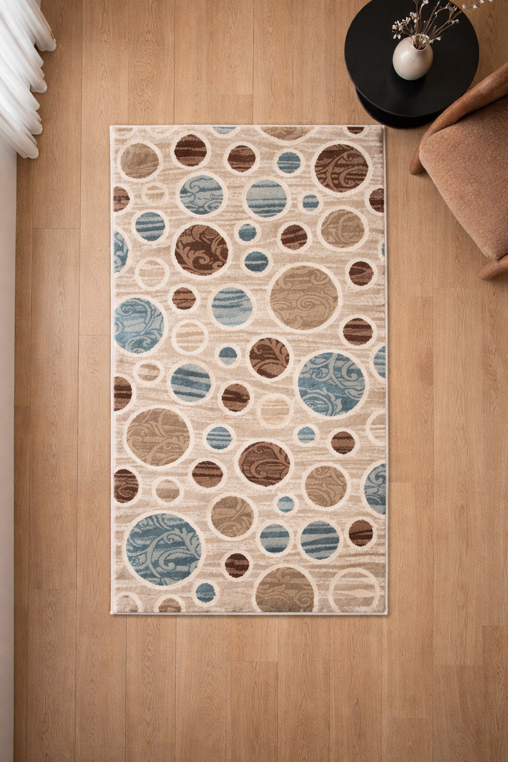 Shakespeare Circle Pattern Beige Carpet – Blue & Brown Modern Abstract Area Rug for Living Room & Bedroom