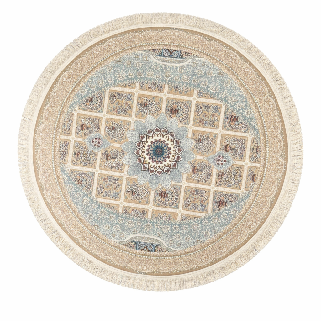 Isfahan Round Persian Carpet – Light Blue & Beige Medallion Design