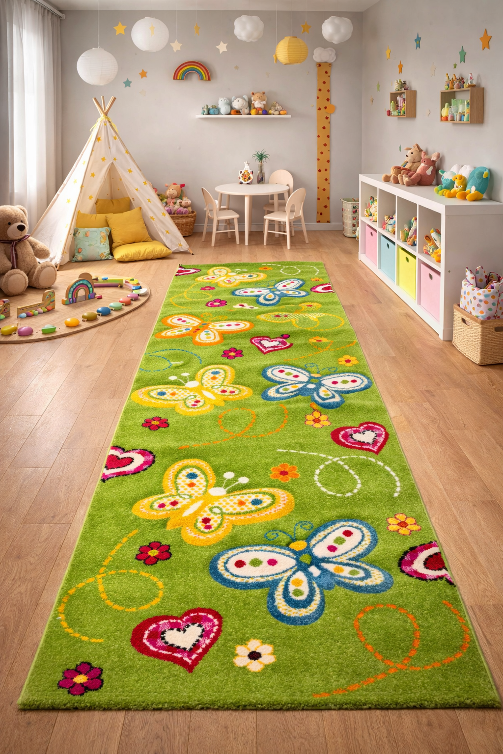 Kids “Butterfly Garden” Playroom Rug – Green Colorful Kids Carpet with Butterflies & Hearts