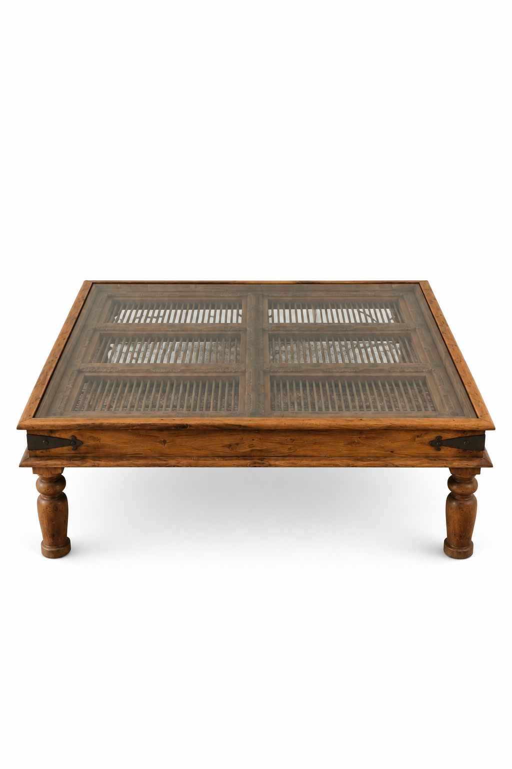 Heritage Haveli Glass Coffee Table – Solid Wood Display Table with Architectural Lattice Design