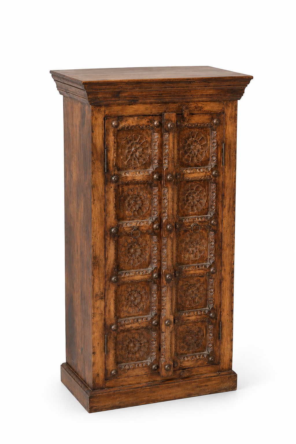 Raj Mahal Heritage Handcrafted Indian Solid Wood Cabinet – Antique Carved Floral Accent Storage Console